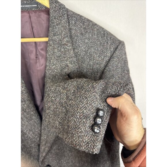 Harris Tweed Blazer 46L Men Hand Woven Scotland Gray Herringbone Wool - Picture 2 of 9